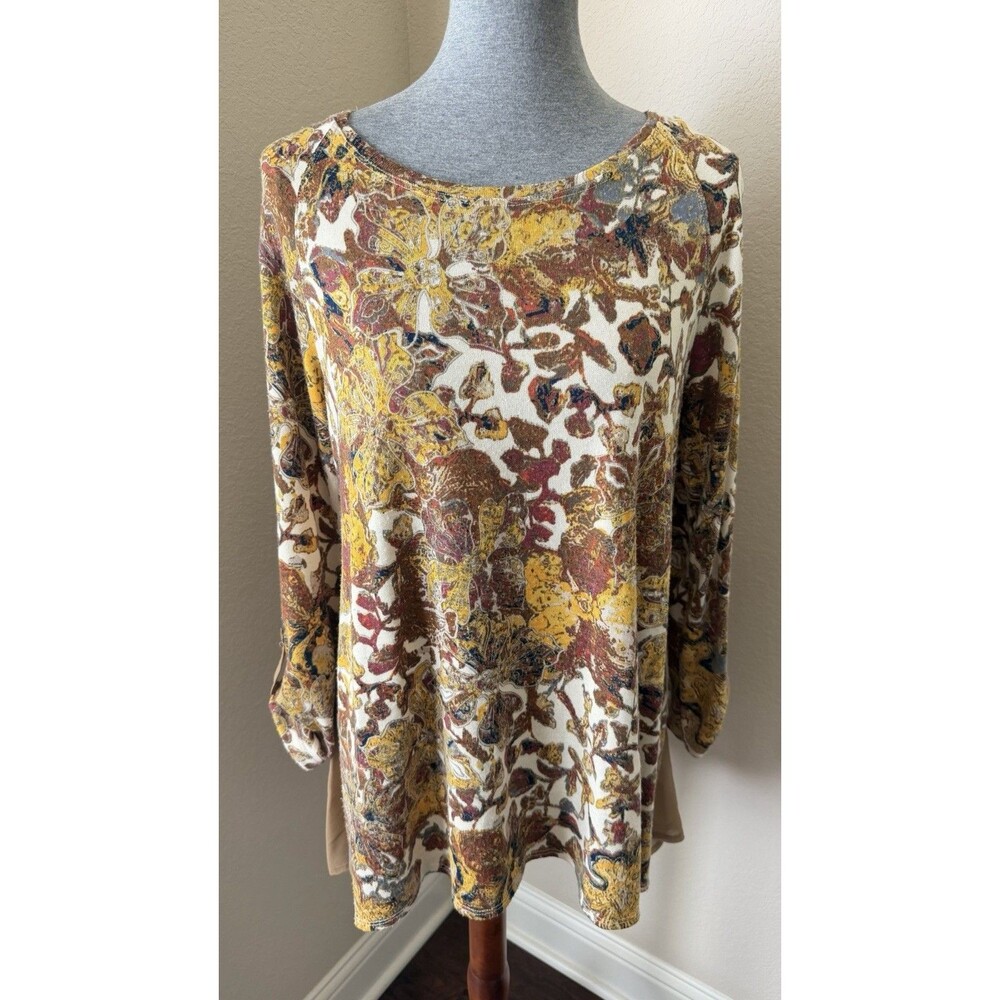 John Mark Size Large Brown Floral Print Rolled Tab Sleeve Chiffon Hem Tunic Top